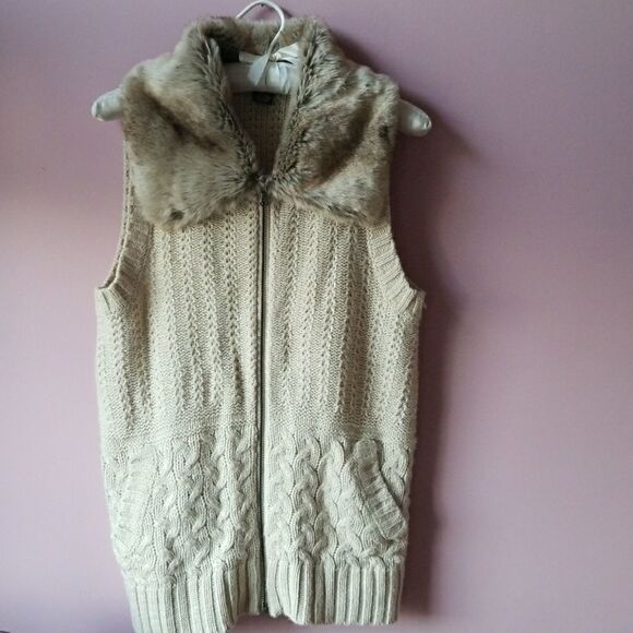 FAUX Fur Collar Cardigan Zip Vest 89th & Madison - Picture 1 of 6